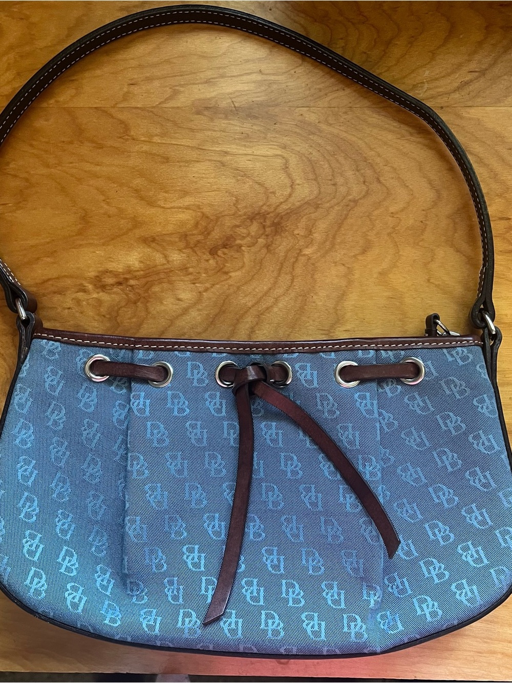 Vintage Dooney & Bourke Purse Blue And Brown Cloth With Leather Strap 10x6